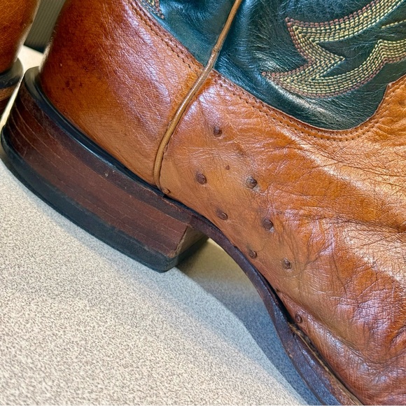 Justin 5505 Western Boot Cognac Smooth Ostrich Leather Square Toe Green 10 D - Picture 7 of 10